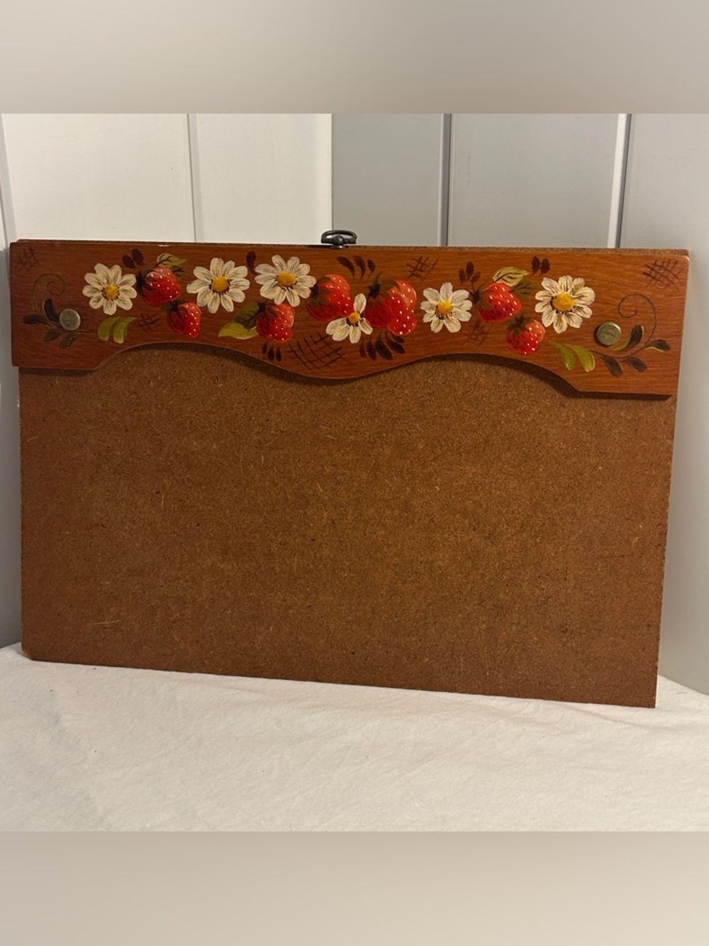 Vintage memo Board Hanging wood decor folk art Daisies and Strawberries 70s art